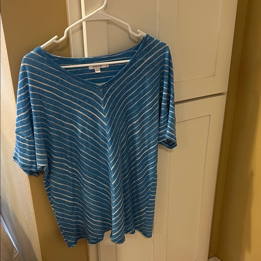 Chico's Teal & White Striped V-Neck Short Sleeve Top